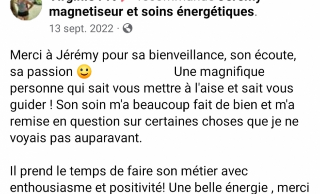 Témoignages écrits , Saint-Pierre, Jérémy Magnétiseur et soins énergétiques