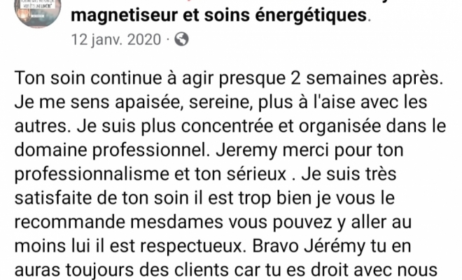 Témoignages écrits , Saint-Pierre, Jérémy Magnétiseur et soins énergétiques